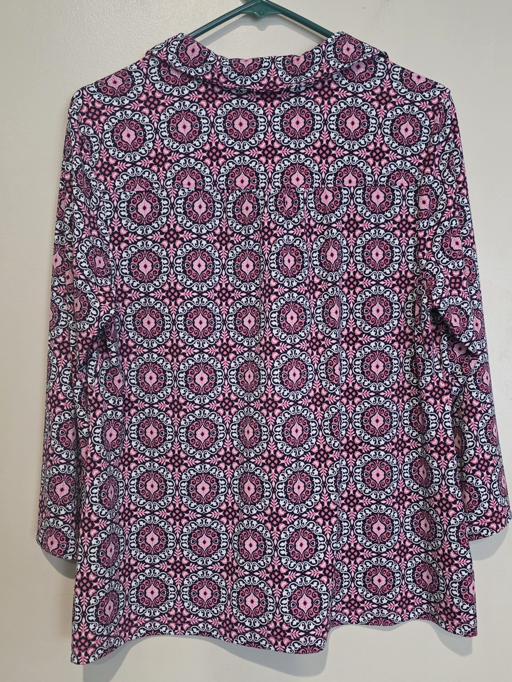 Charter Club Pink and Black Patterned Button-Down Tunic Office Casual 3/4 Sleeve - Picture 2 of 6